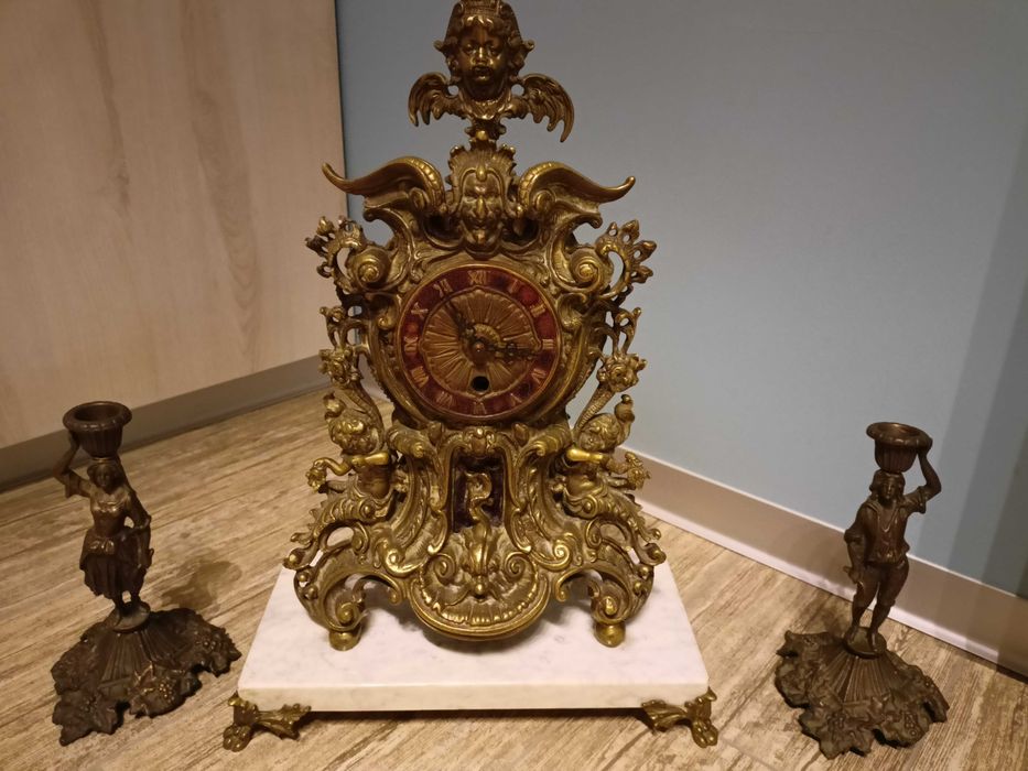 Zegar kominkowy mosiężny ze świecznikami