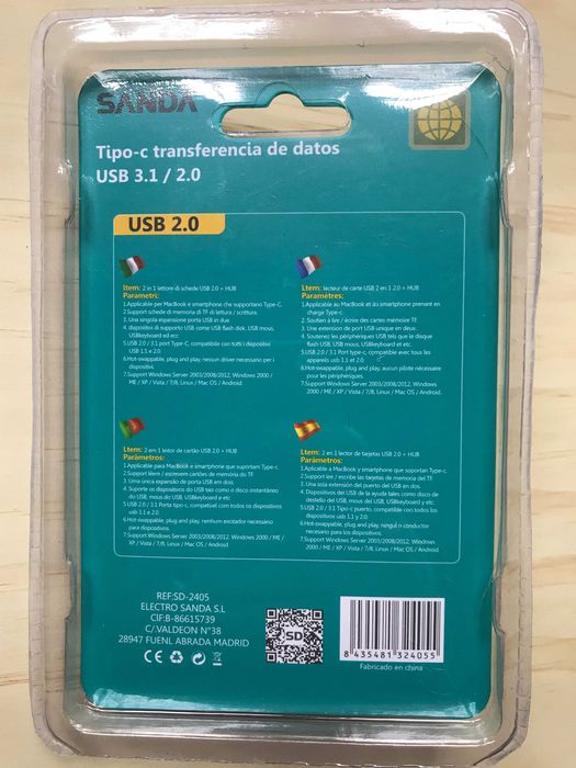 HUB Type-C (USB-C) com 3 portas USB + Leitor de cartões SD e TF