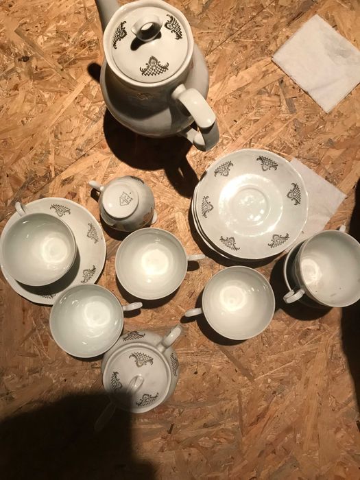 Ćmielów komplet sześciosobowy - srebrny wzór na białym tle