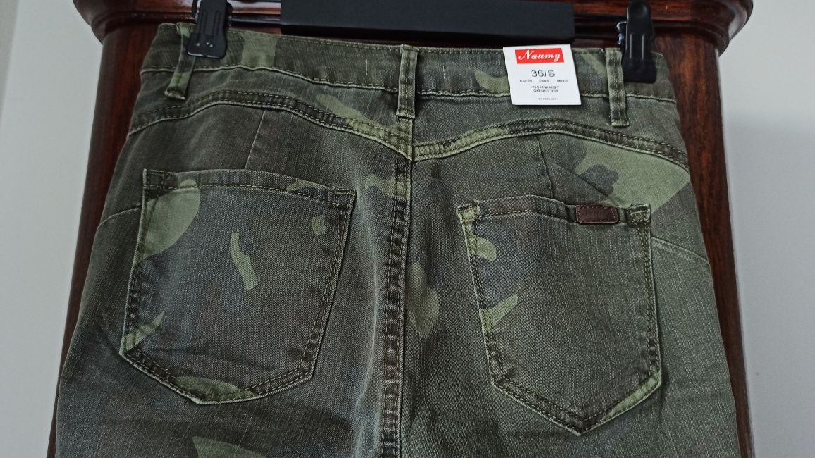 Spodnie jeansy dżinsy rurki skinny moro zielone khaki damskie XS 34