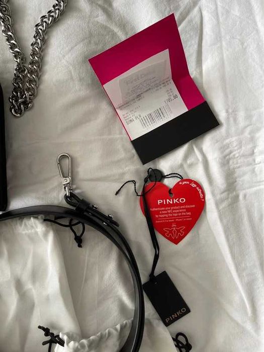 Oryginalna czarna torebka pinko love simply 6 srebrna pasek łańcuch