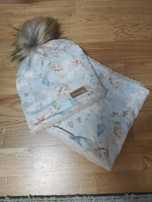Czapka plus komin komplet 44-48 cm nowy kwiaty z pomponem handmade
