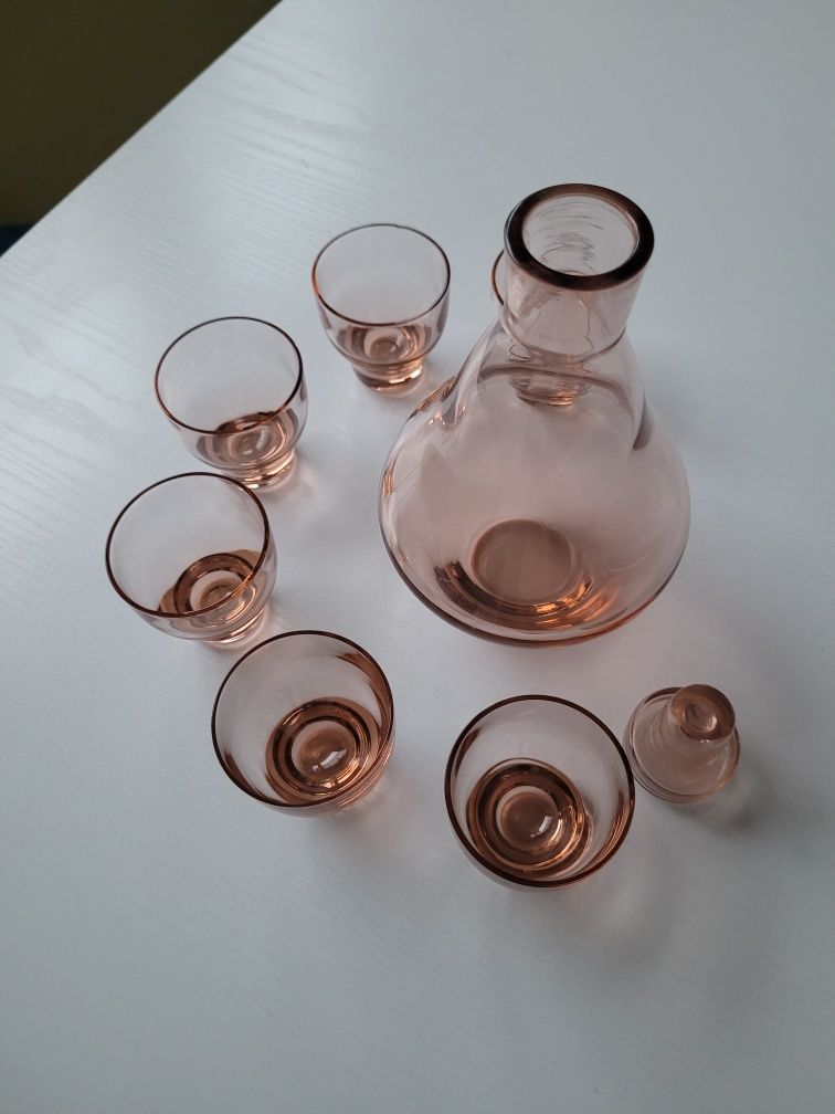 Karafka butelka zestaw kieliszki 6x literatki róż prl szkło vintage