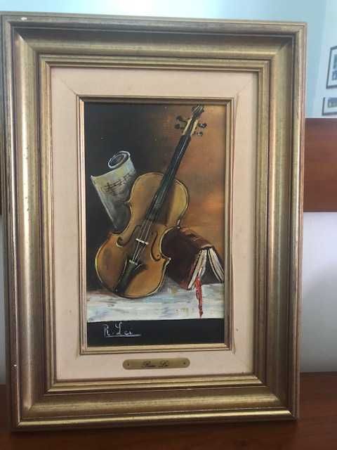 Conjunto 2 quadros óleo desenho violinos. originais assinados Rosa Lei