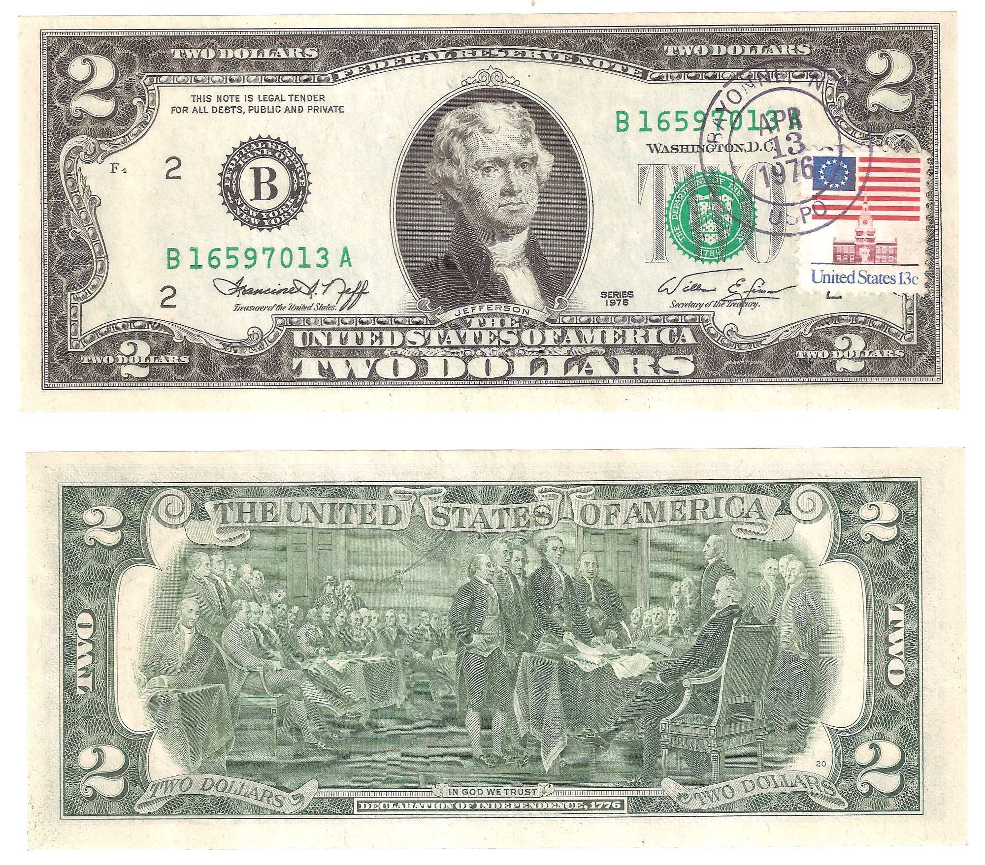 Купюра 2 доллара США 1976 год спецгашение UNC