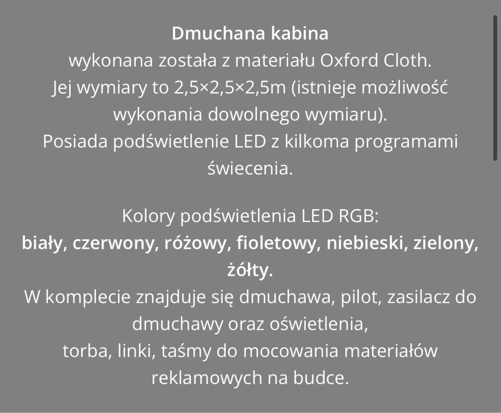 Dmuchana kabina led/fotobudka/imprezy okolicznościowe