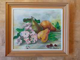 K.Liedtke"Gruszki i kwiaty"-piękny obraz olejny na płótnie!