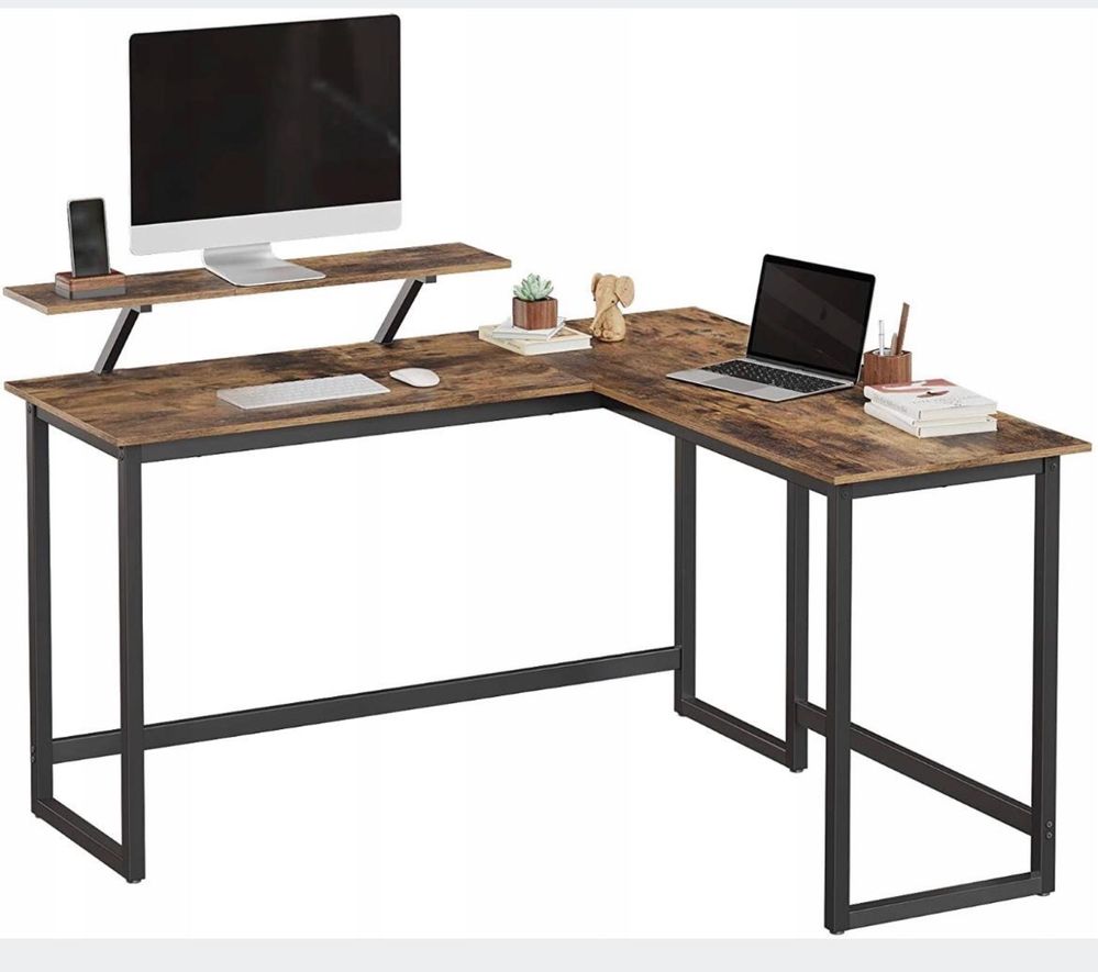 Narożne biurko komputerowe - rustykalne brąz w stylu LOFT - NOWE