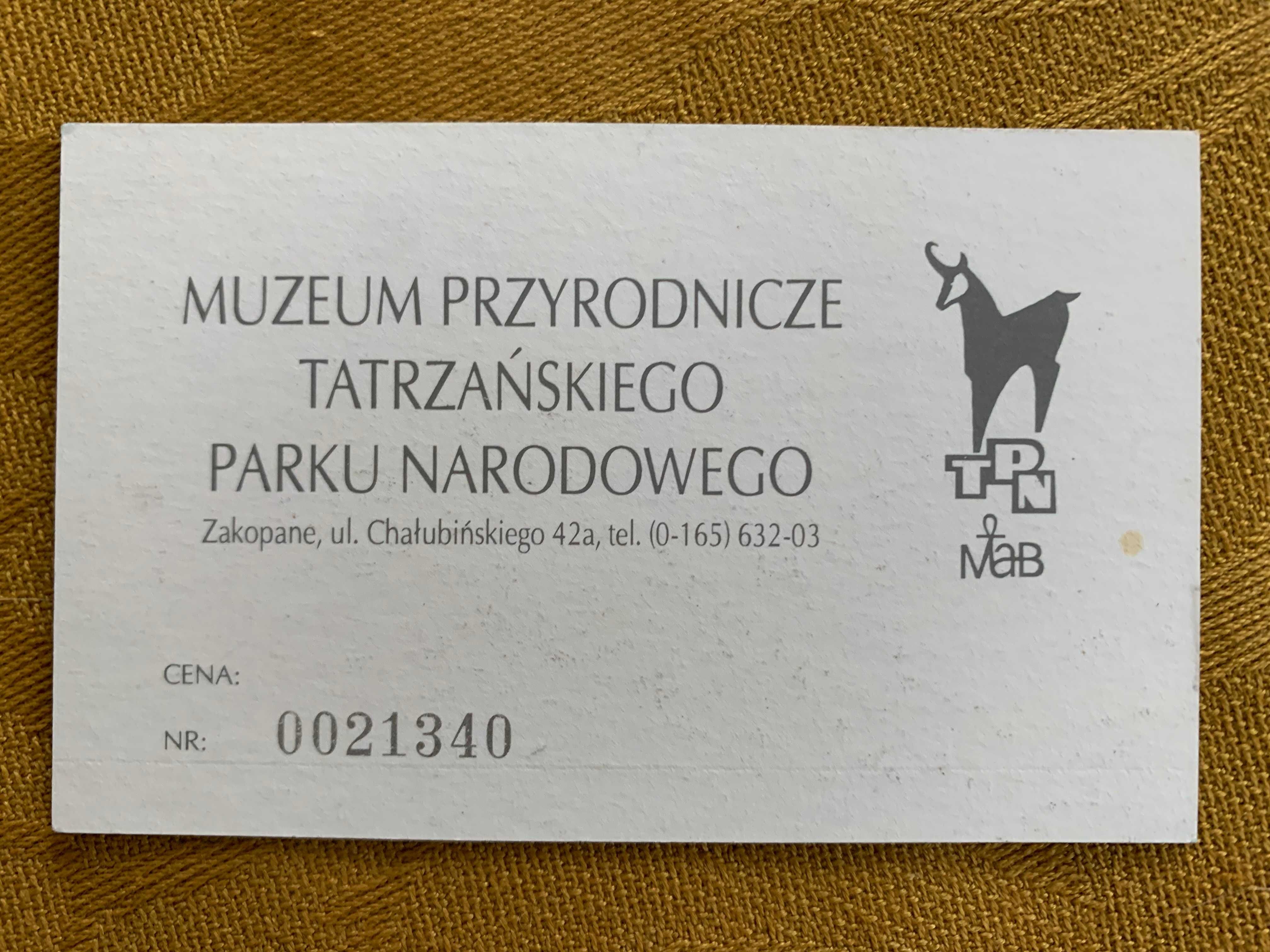 Kolekcjonerski bilet wstępu wejściówka Muzeum Przyrod Tatrzańskiego PN