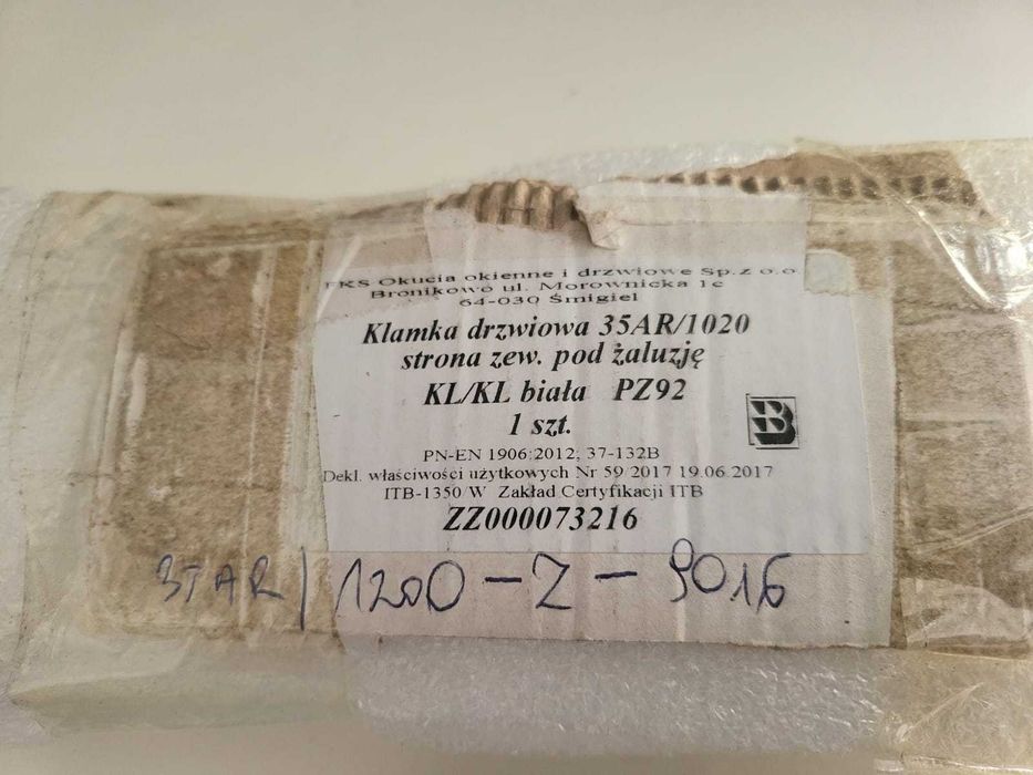 Klamka drzwiowa 35AR/1020 KL/KL biała PZ92 strona zew. pod żaluzję Wr
