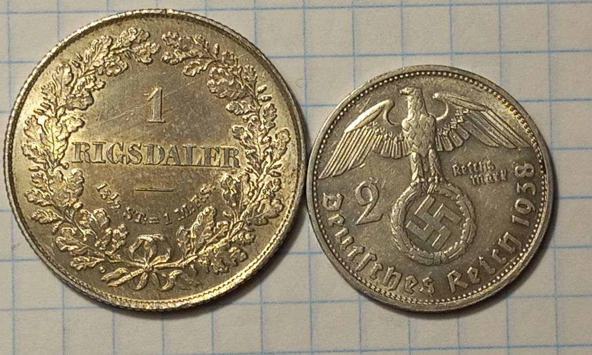 2 марки 1938 G, 1 рігсдалер 1854