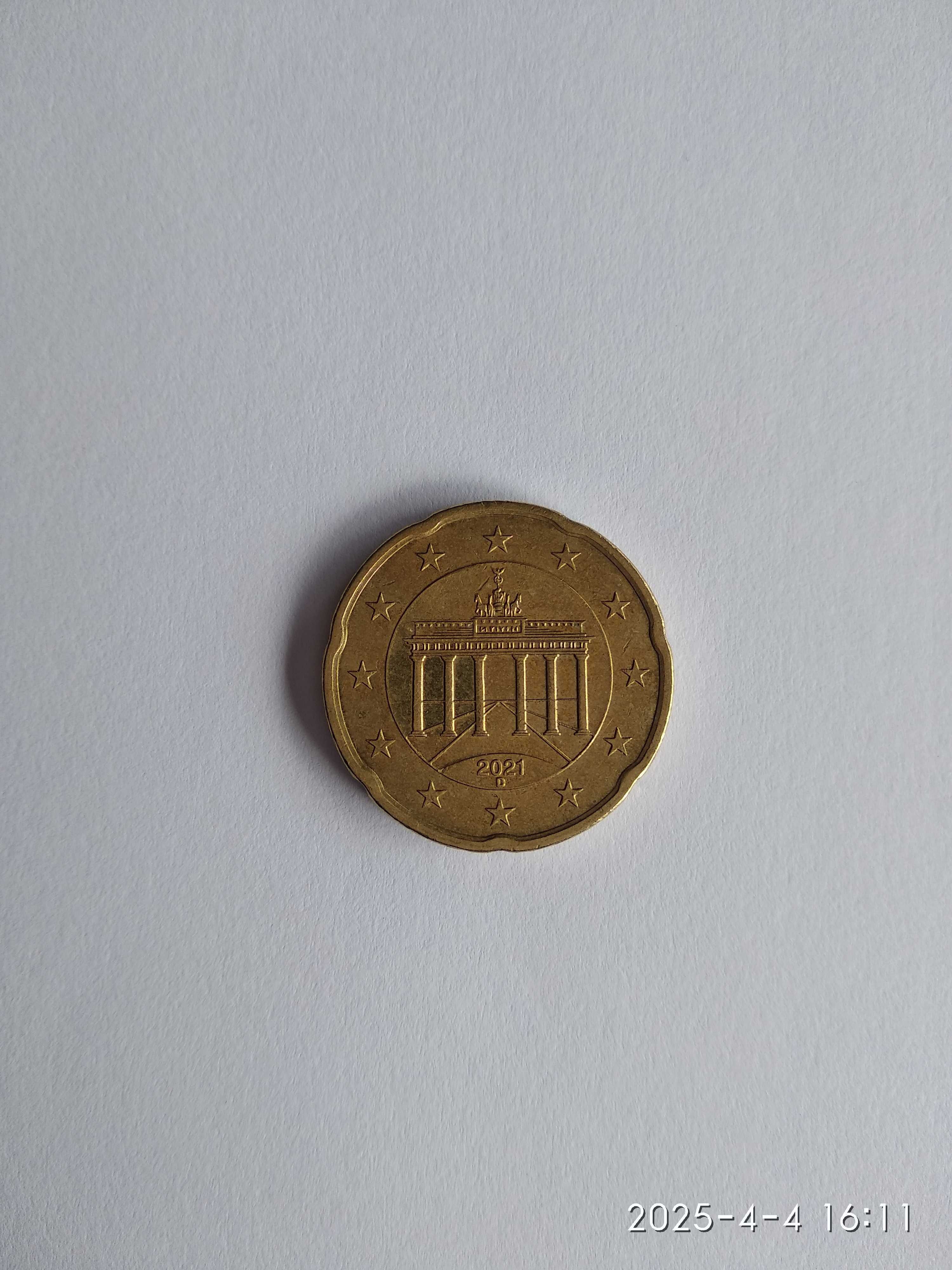 Moeda 20 Cêntimos do euro Alemanha 2021 D