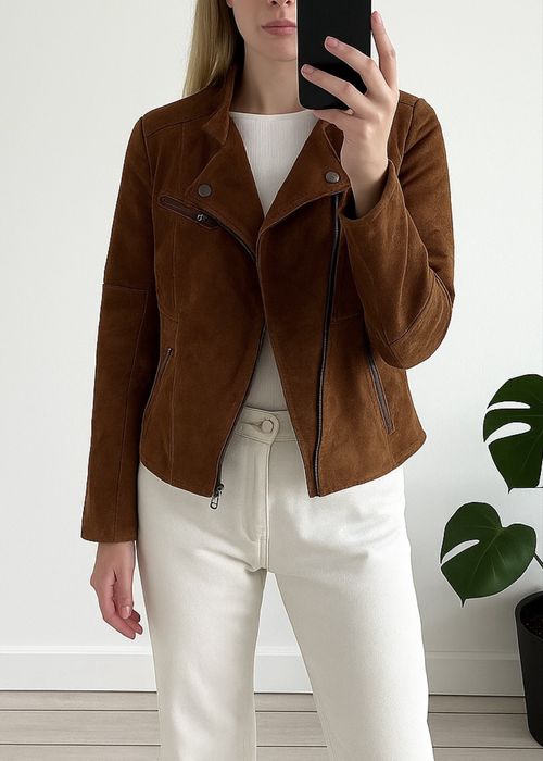 Brązowa rudawa skórzana kurtka ramoneska ze skóry naturalnej Orsay S