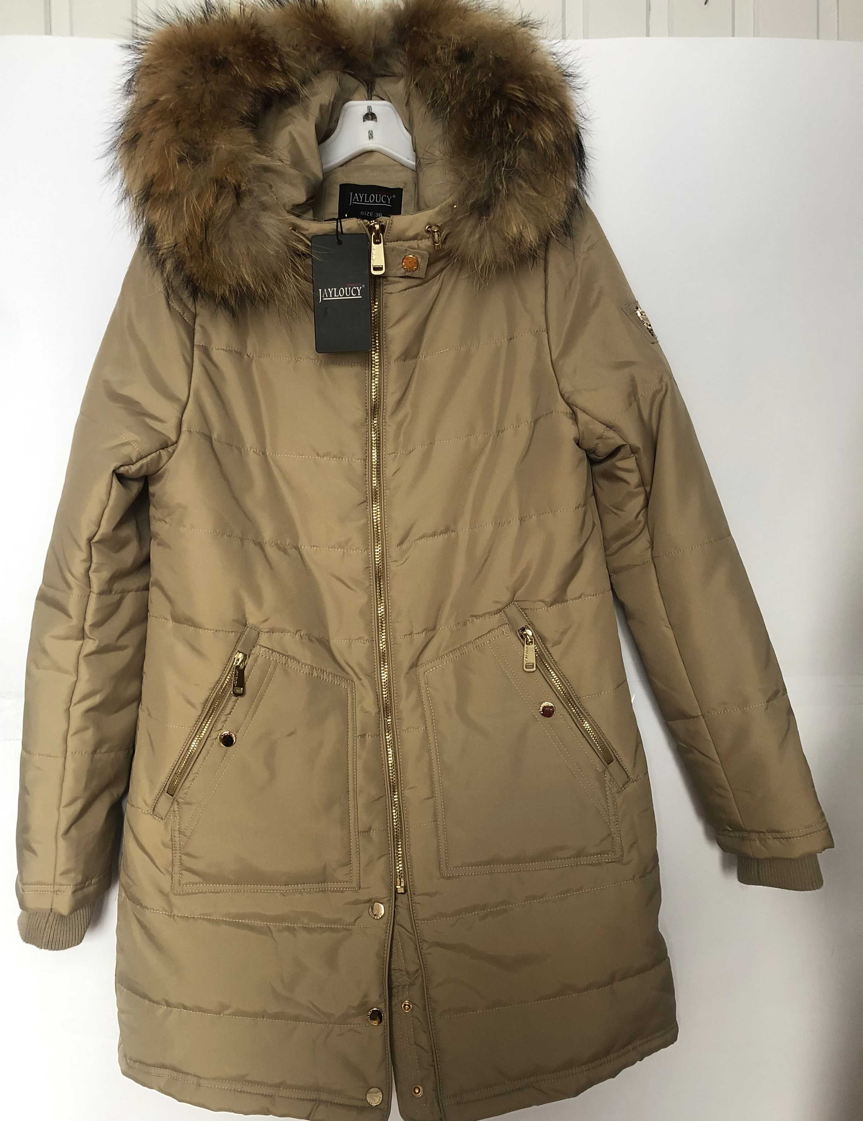 JAYLOUCY płaszcz,parka, kaptur z natural, jenotem złote zamki M