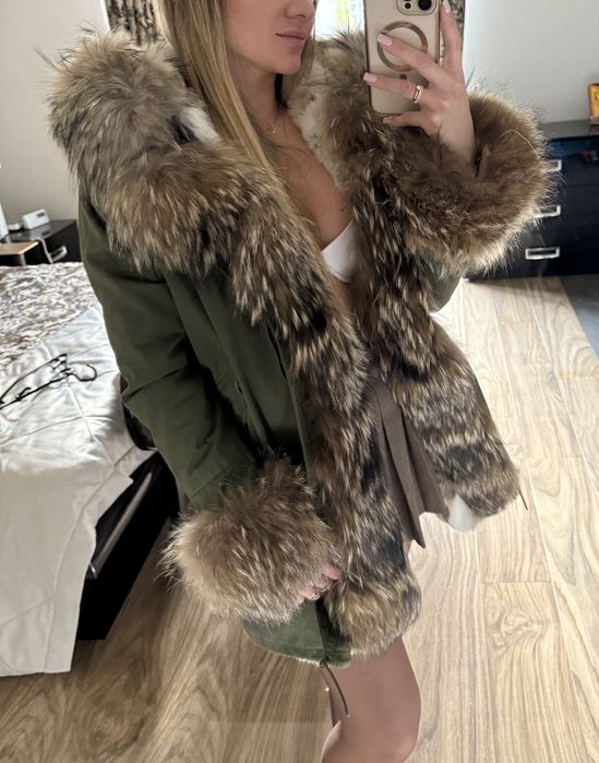 Kurtka parka nowa z futrem naturalnym S khaki