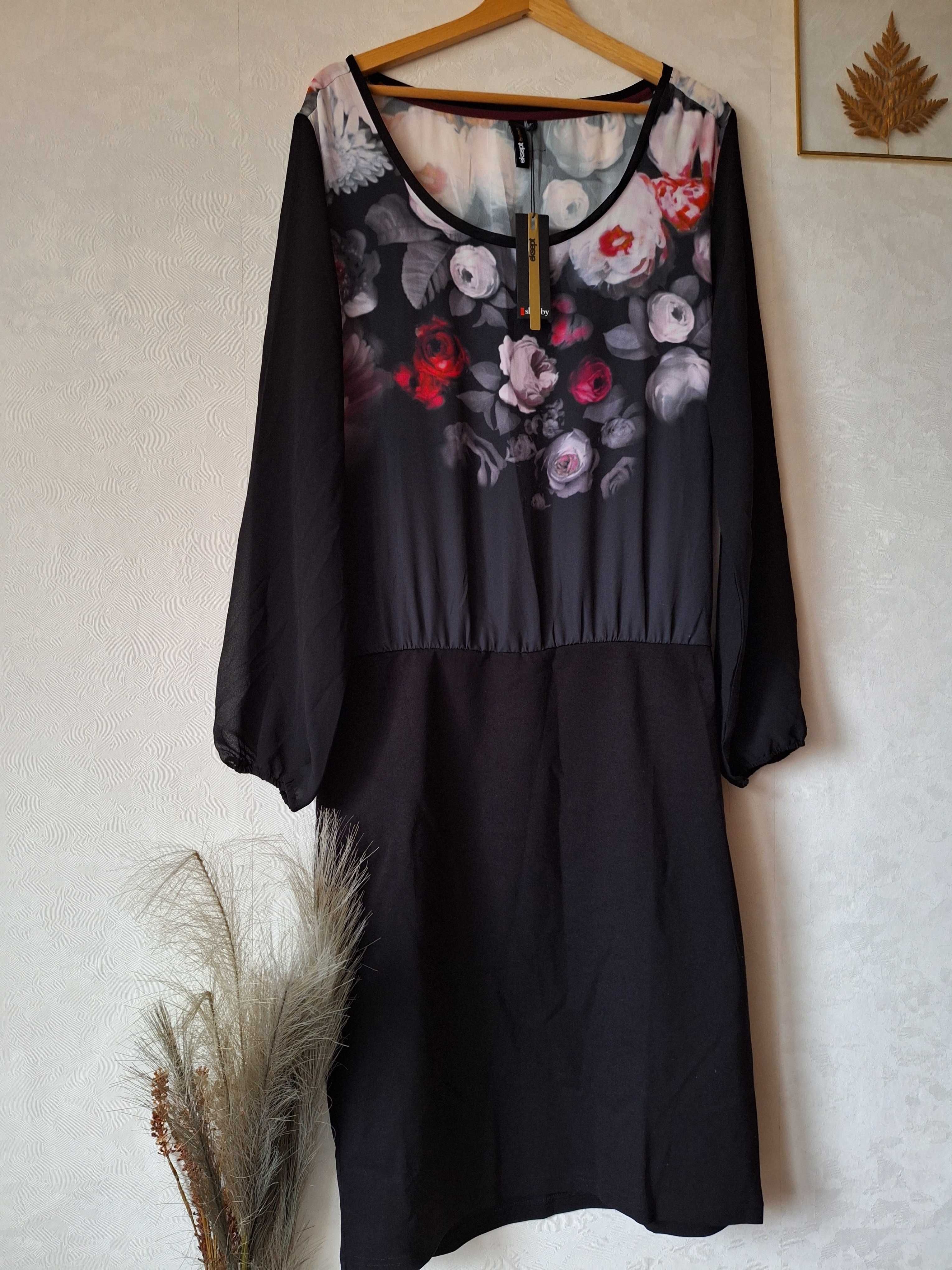 Nowa sukienka czarna 44 XXL Eksept by Shoeby nadruk kwiaty