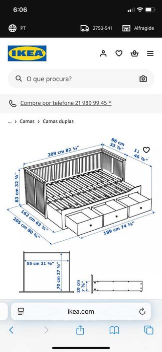 Cama IKEA indiv/dupla c/3 gav, branco, 80x200 cm