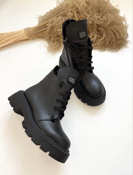 Черевики шкіряні зимові, чорні, ботинки кожа на платформі