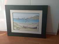 quadro de praia com gavota e barco