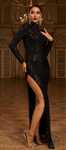 Vestido Longo Preto com Fenda e Bordados de Paetê