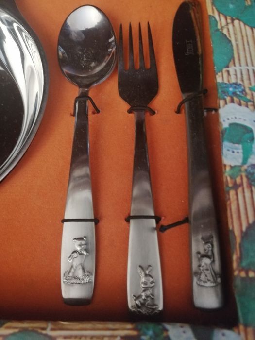 Conjunto de prato e talheres para criança, inox.