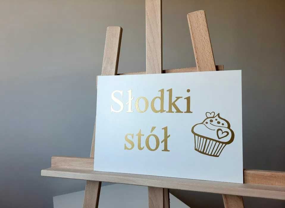 Słodki stół tabliczka ślubna dekoracje ślubne złoty napis