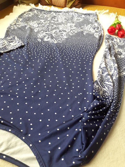 Elastyczna Sukienka niebieska koktajlowa z długim rękawem L M 65% bawe