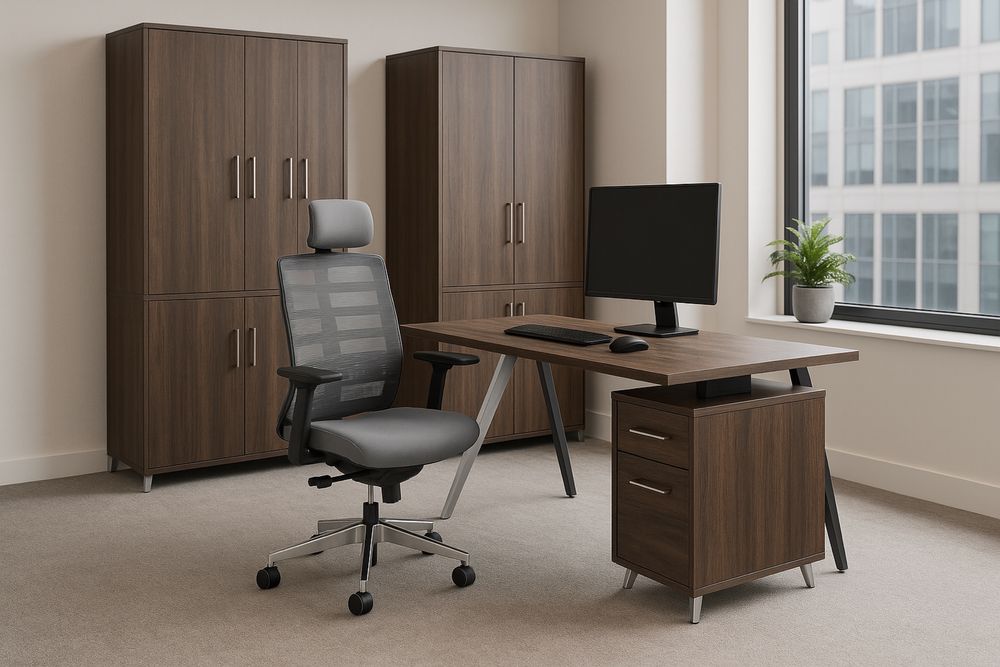 Biurko w kolorze orzechowym 120 cm z kontenerkem tanio