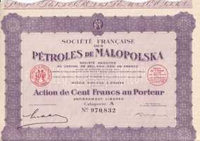 Petroles de Malopolska, akcja 100 fr. kat. A , Około 1929r.