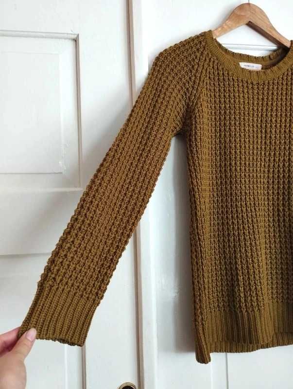 Khaki sweter ażurowy z grubej włóczki dzianinowy okrągły dekolt