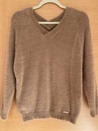 Beżowy sweter v-neck, alpaka / wełna blend, S