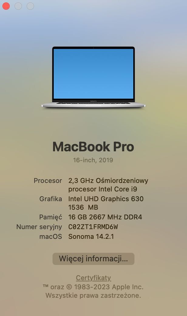 Macbook PRO 2019 16'' i9 Radeon Pro 5500M 1Tb SSD Model A2141