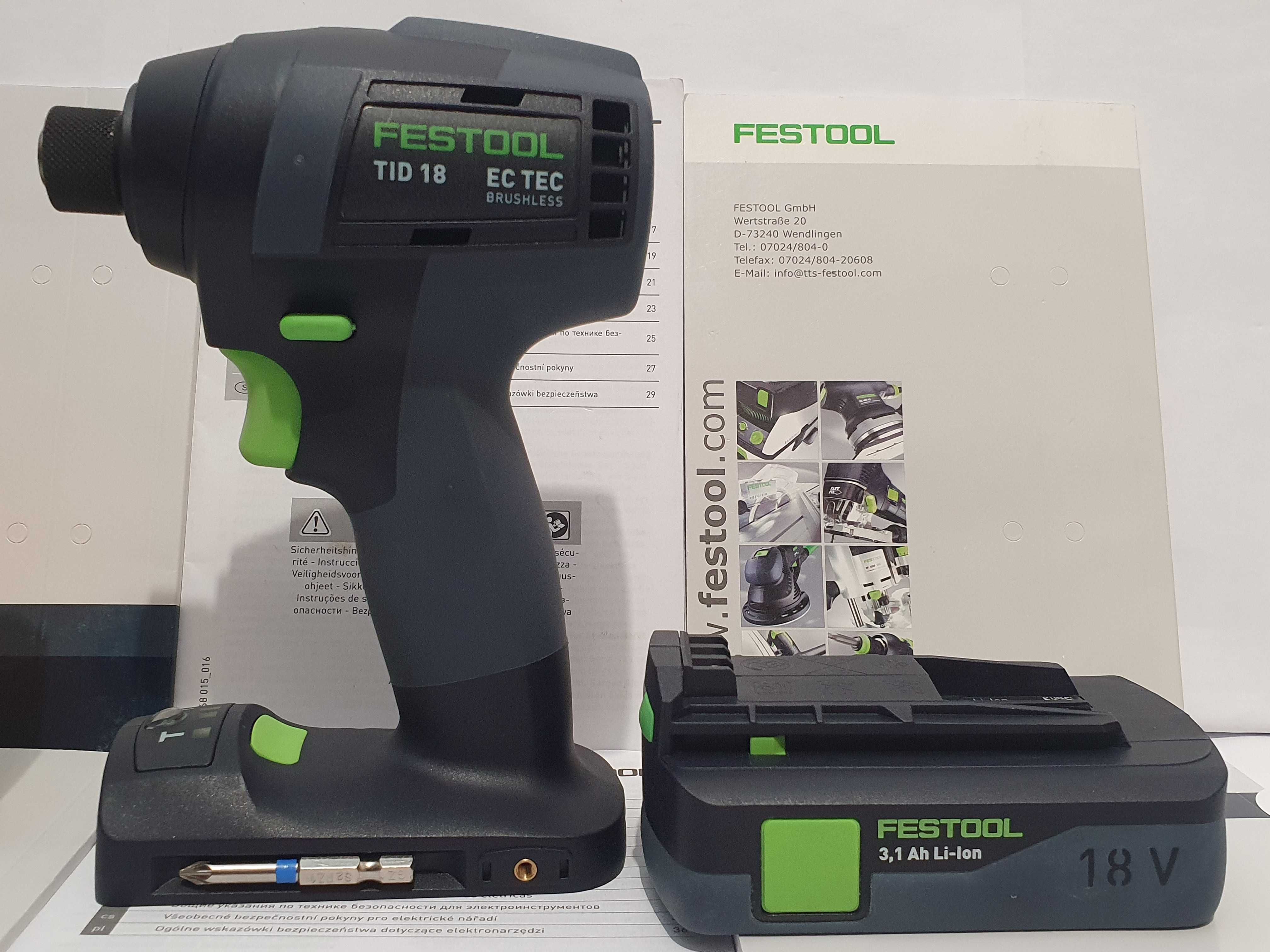 Super zestaw FESTOOL TID 18 zakrętarka udar +aku 18v 3,1Ah bity DEWALT
