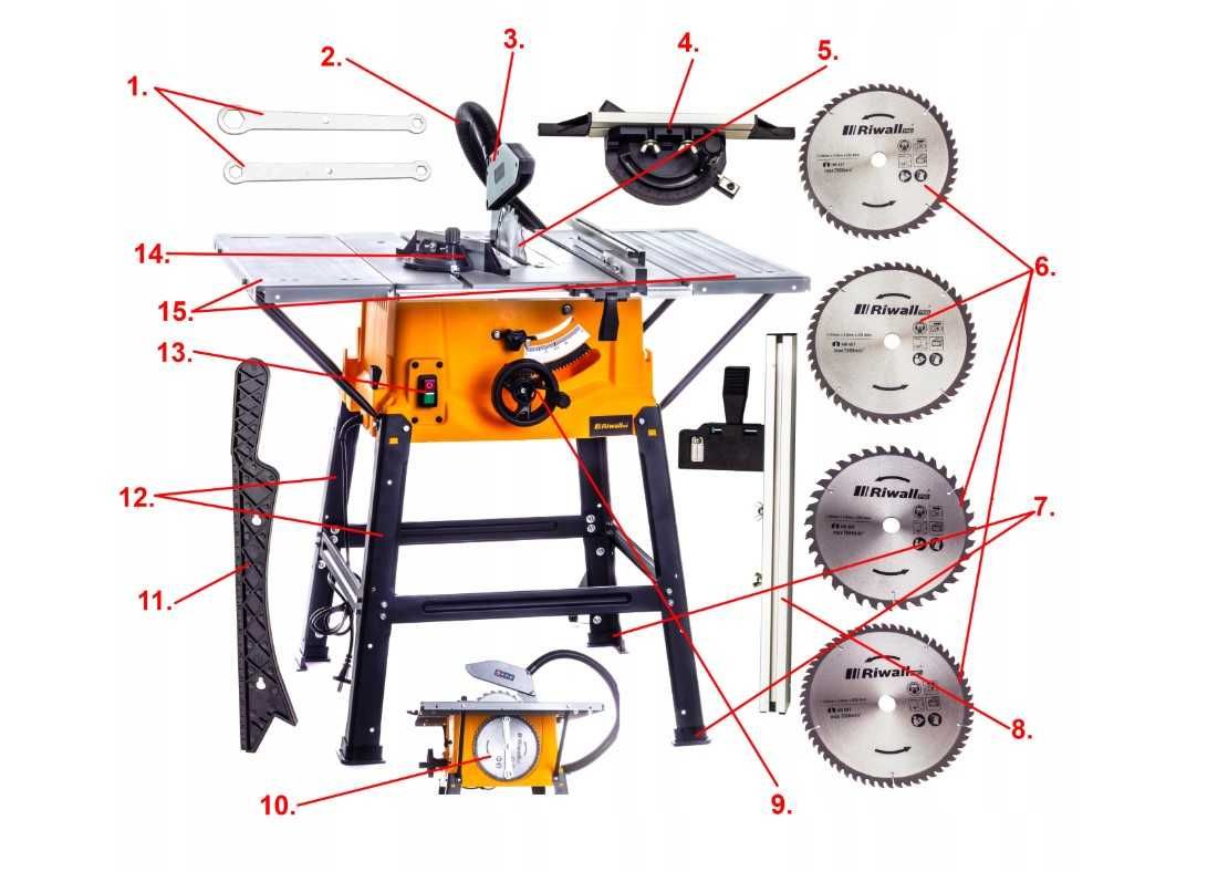 Duży zestaw! Pilarka Stołowa Riwall Krajzega Piła + 4 tarcze 4L GW.