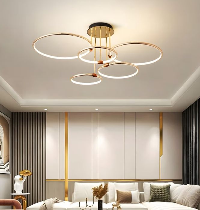 Nowoczesna Lampa Sufitowa LED – Złoty Żyrandol z 5 Pierścieniami