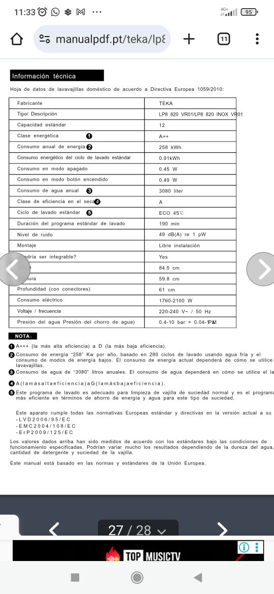 Máquina Loiça TEKA LP8 820 inox, A++, a funcionar