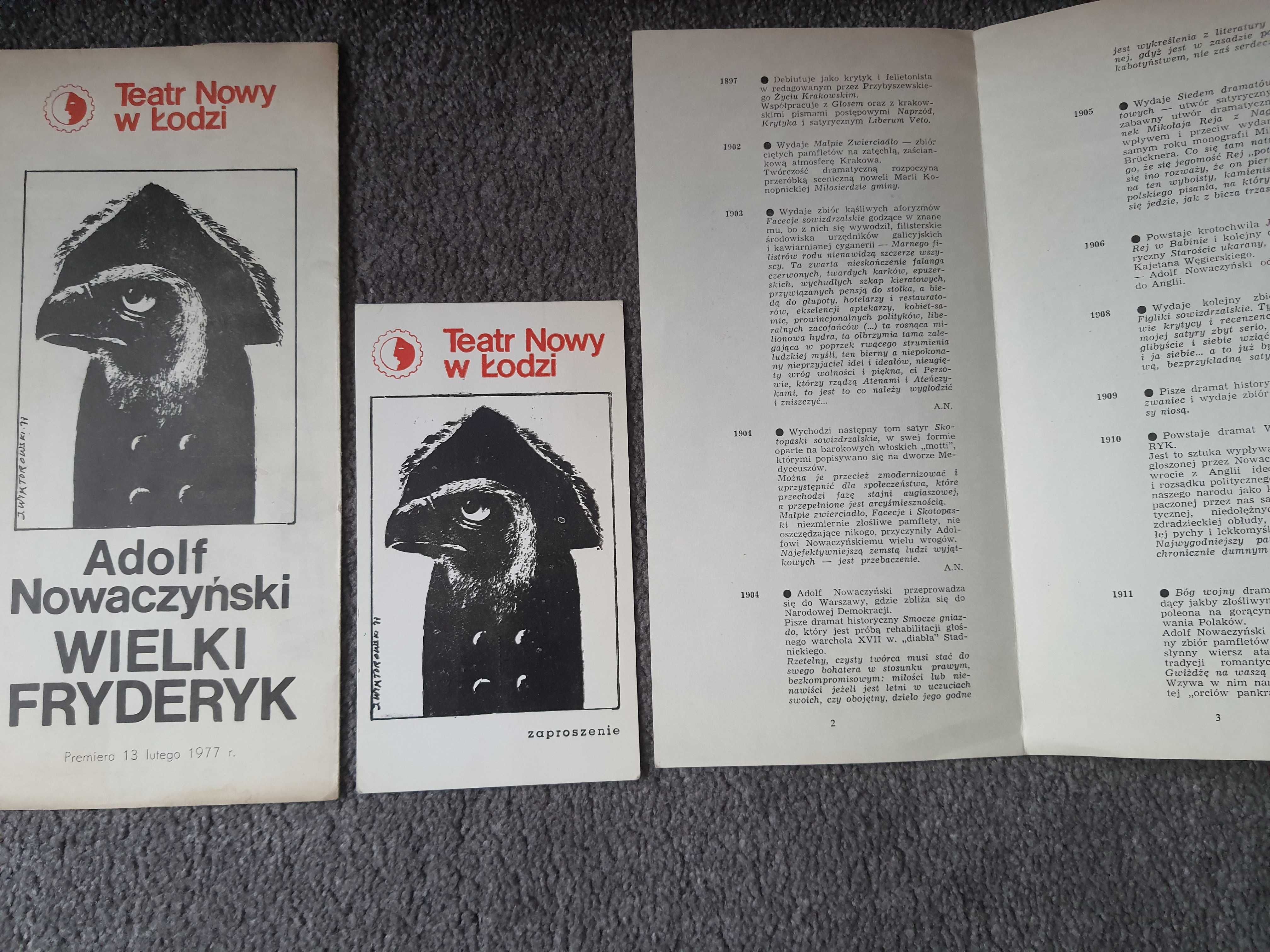 Program premiery spektaklu Wielki Fryderyk + Zaproszenie 1977r.