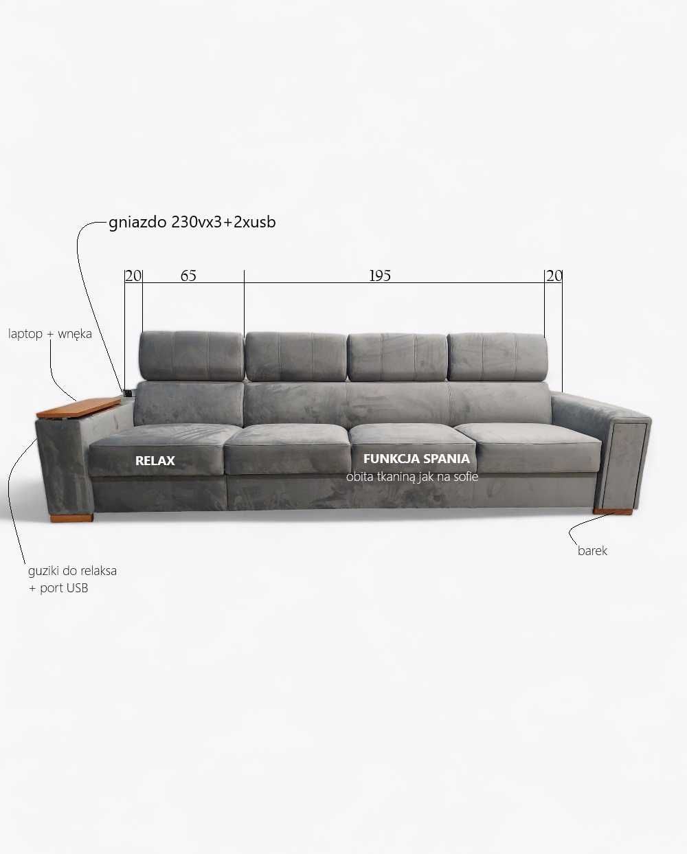 Sofa Loft 124. z funkcją spania, fotelem wysuwanym, zagłówkami