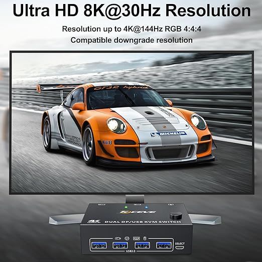 ESKEVE Przełącznik KVM DisplayPort 2 Monitory 8K 4K z USB 3.0