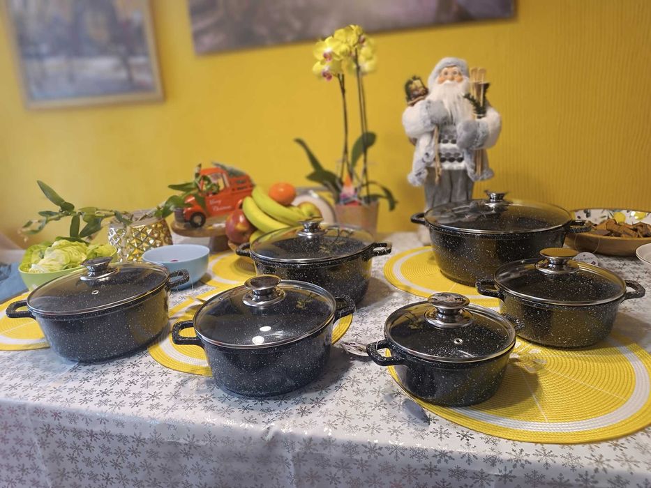 Zestaw garnków marmurowych 12 elementów na gaz, indukcję - NOWE!