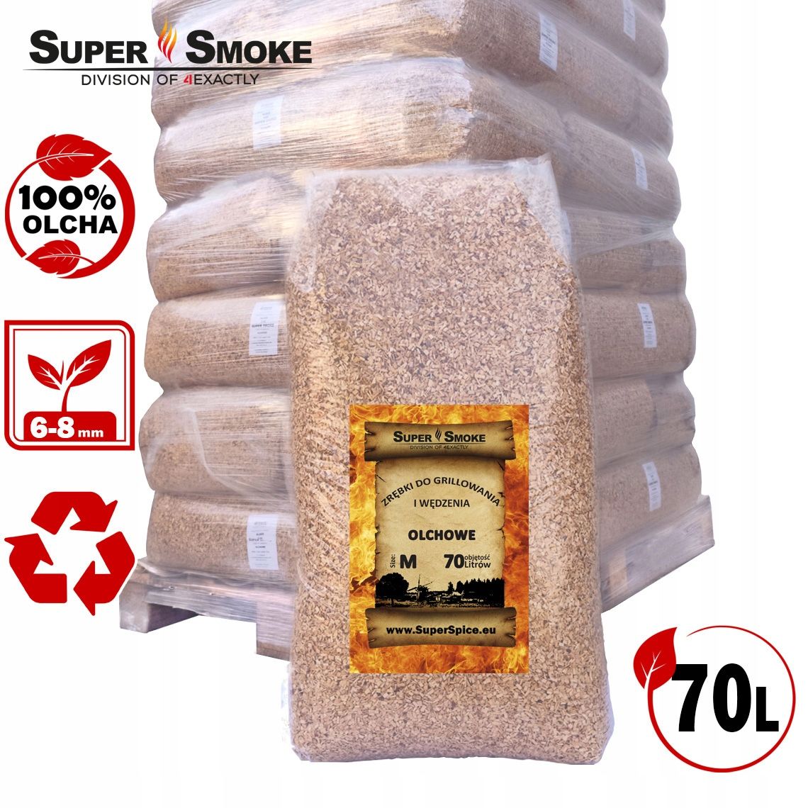 Zrębki Wędzarnicze Super Smoke OLCHA KL-08 (6-8mm) Medium 70 Litrów