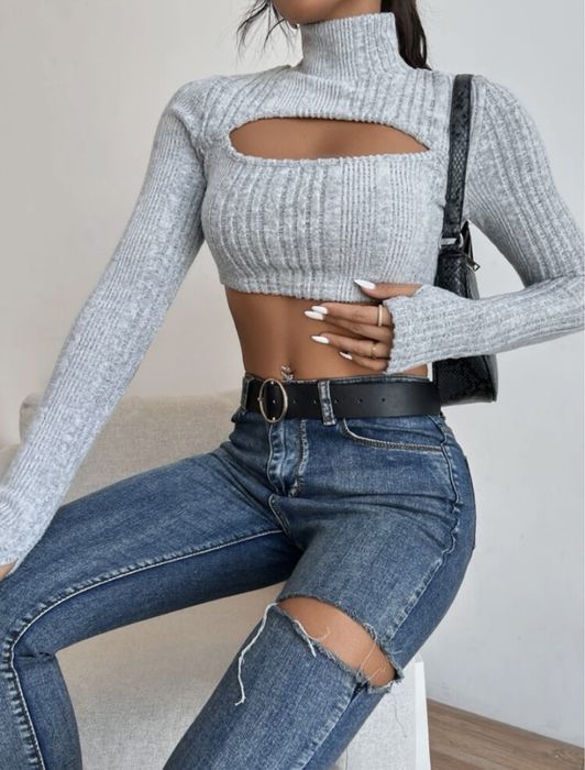 Nowy Jasno szary crop top z długim rękawem i dekoltem S