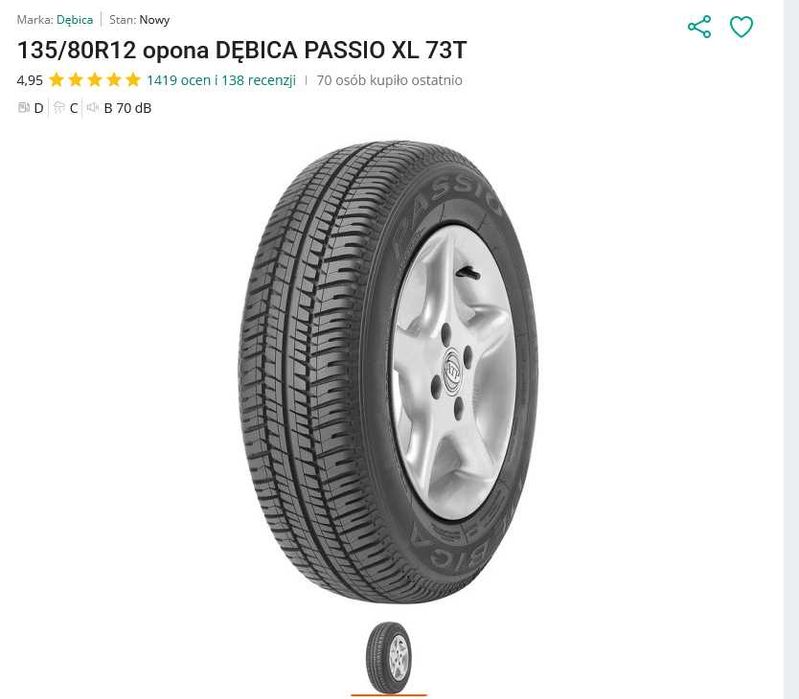 4x 135/80R12 opona DĘBICA PASSIO XL 73T NOWA gwarancja 60 msc Maluch