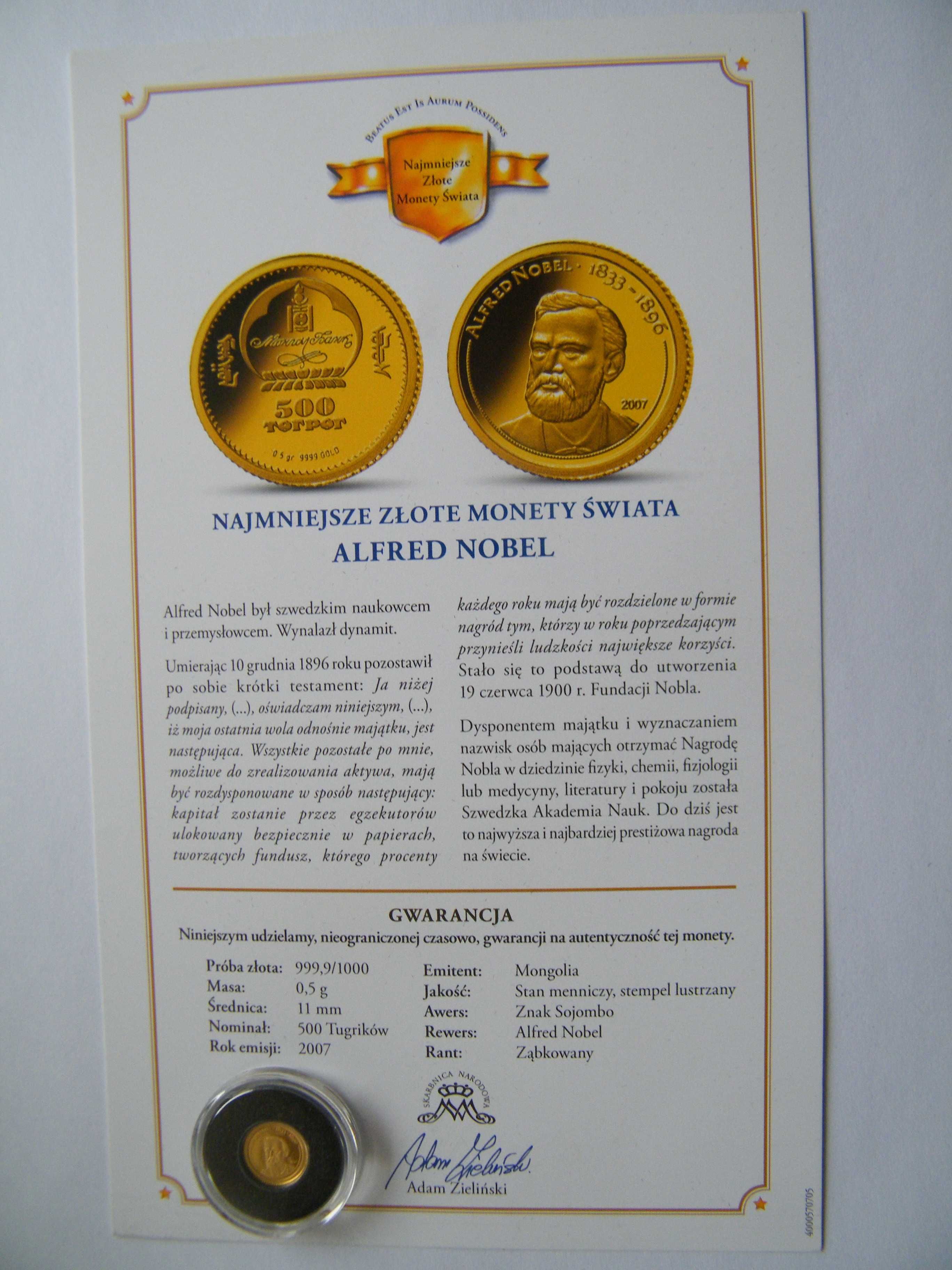 Alfred Nobel Mongolia 500 Tugrików 2007 r Au 999