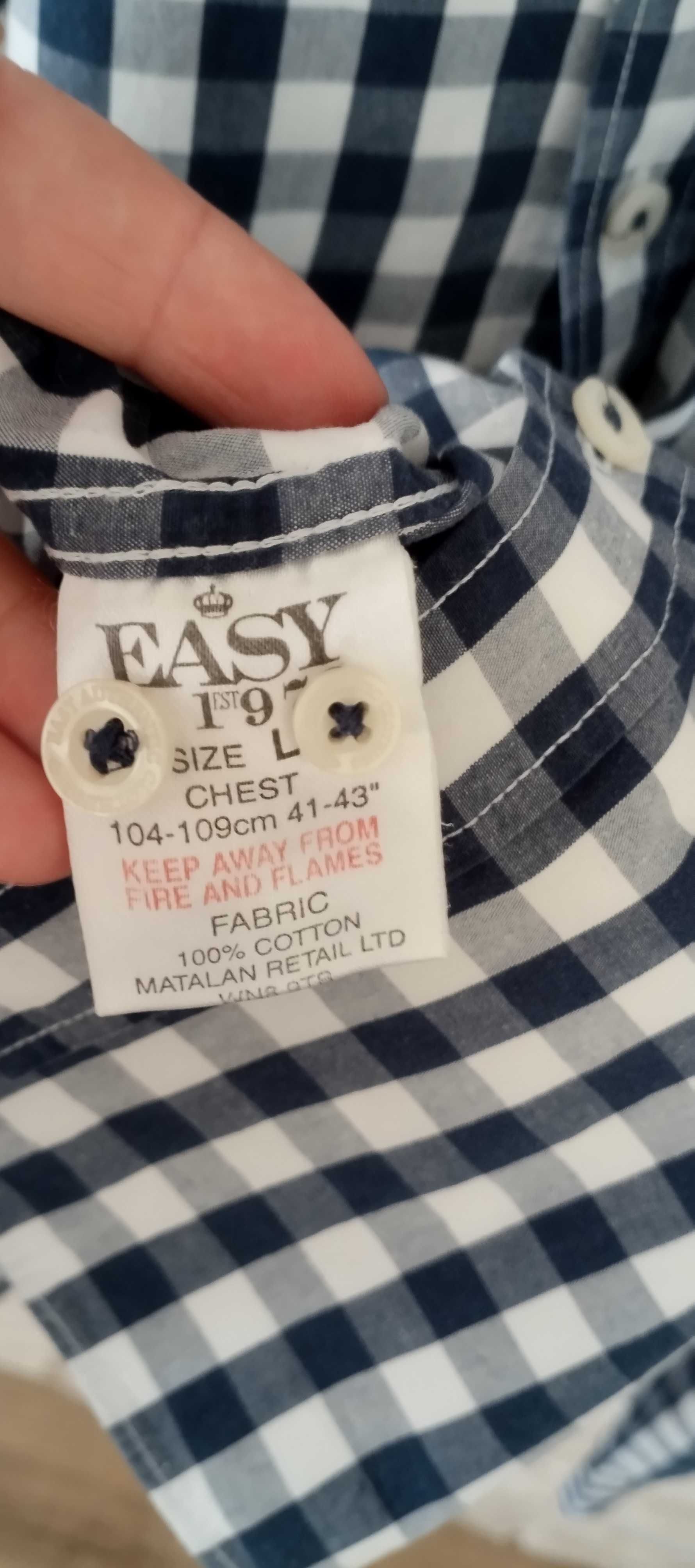 Koszula z długim rękawem męska granatowa 100% bawełna w kratę L Easy