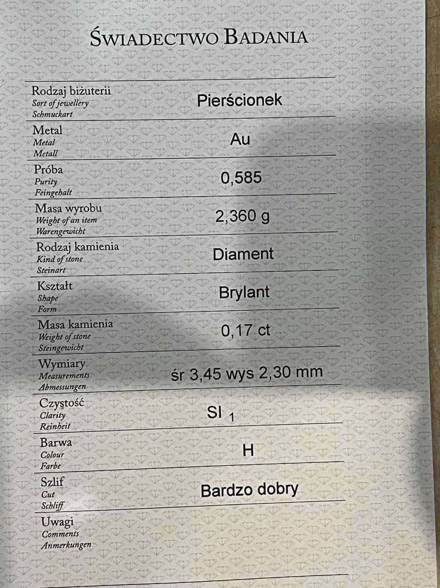 Złoty pierścionek z diamentem/pr585/0.17ct/certyfikat/Komis Krzysiek