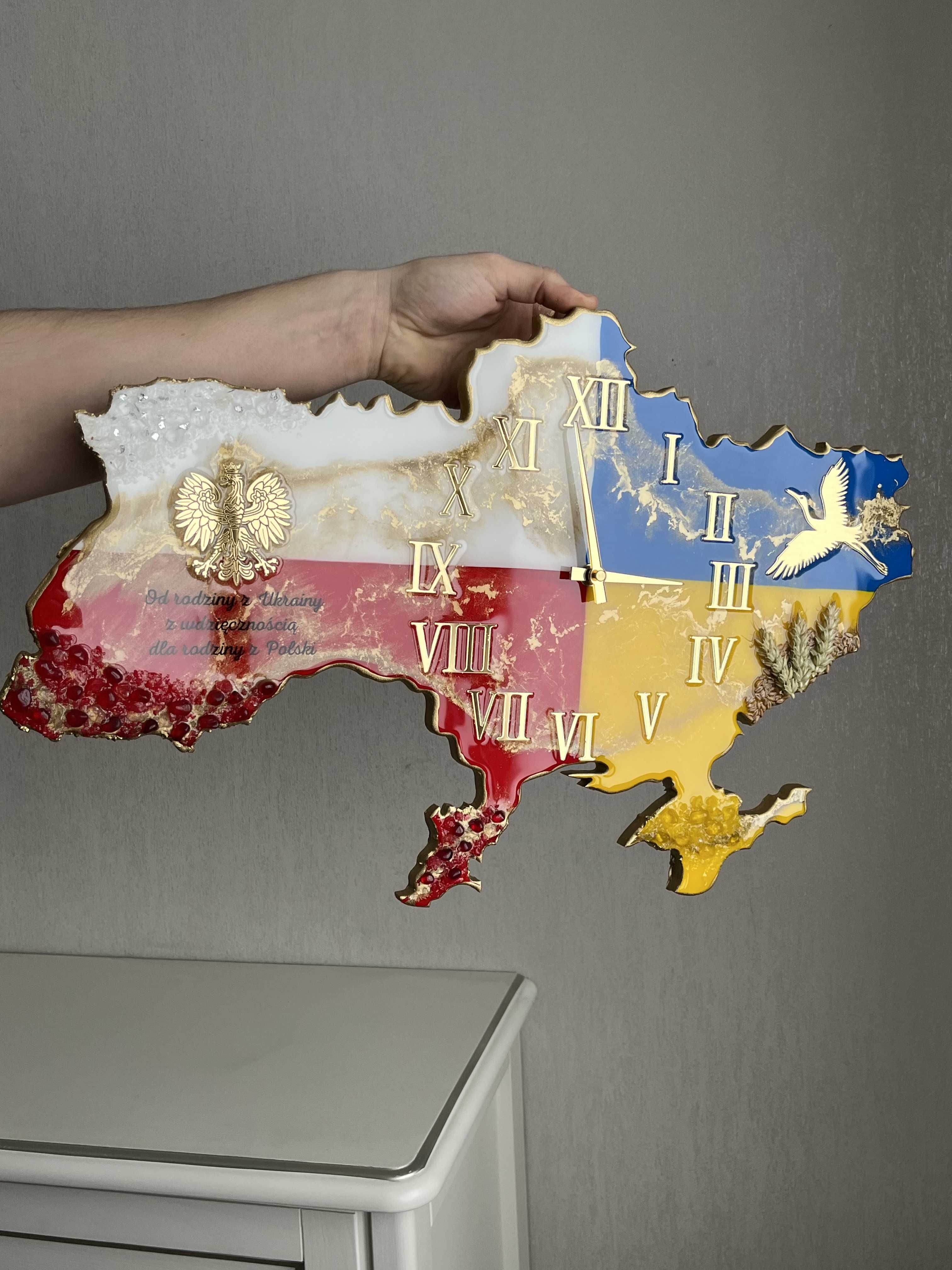 Годинник мапа України, Польща , подарунок полякам, епоксидна смола