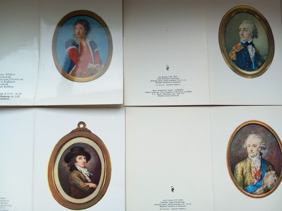 Karnety kolekcjonerskie z miniaturami portretów.