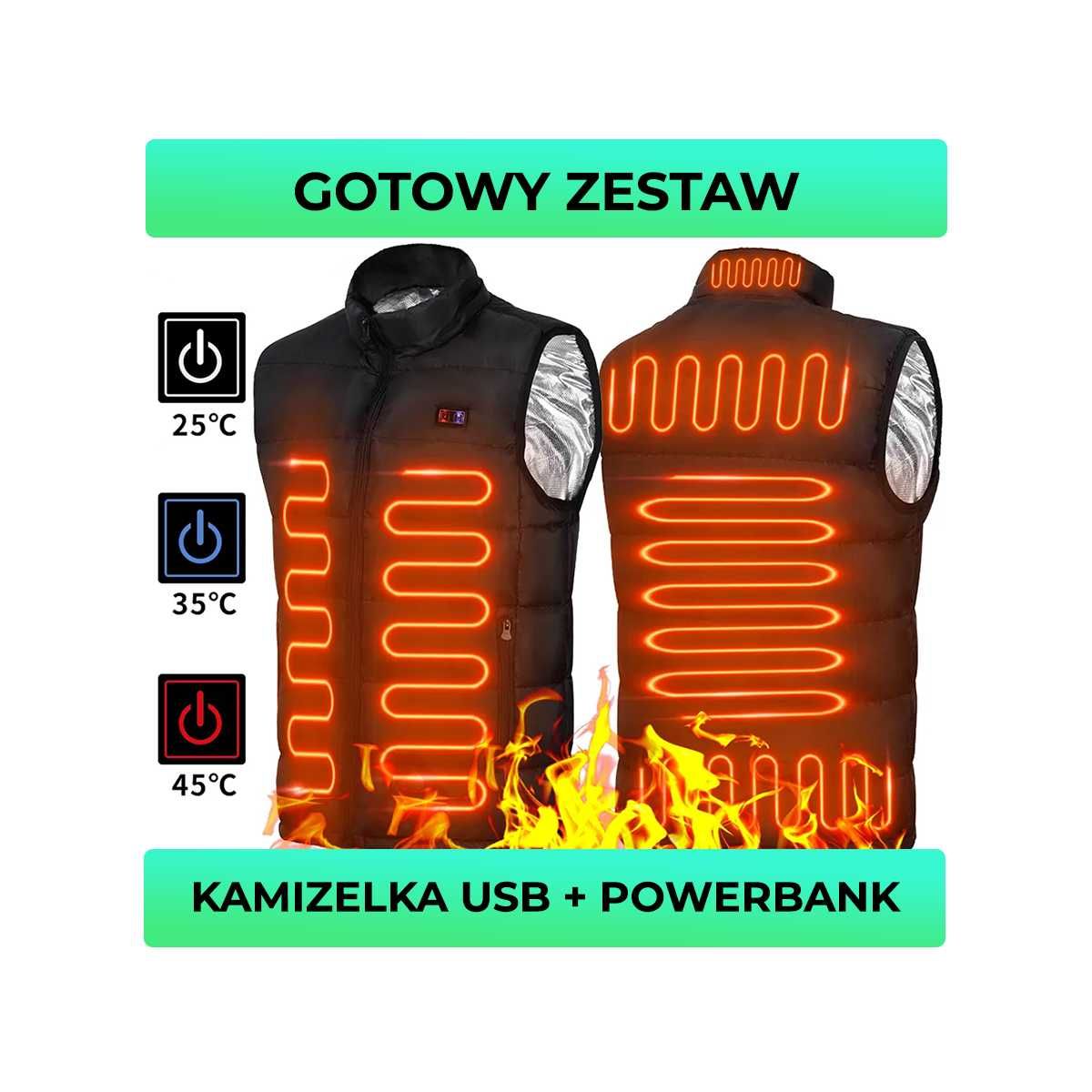 CIEPLUTKA Kamizelka Podgrzewana na USB *ZESTAW* Powerbank =WYPRZEDAŻ=