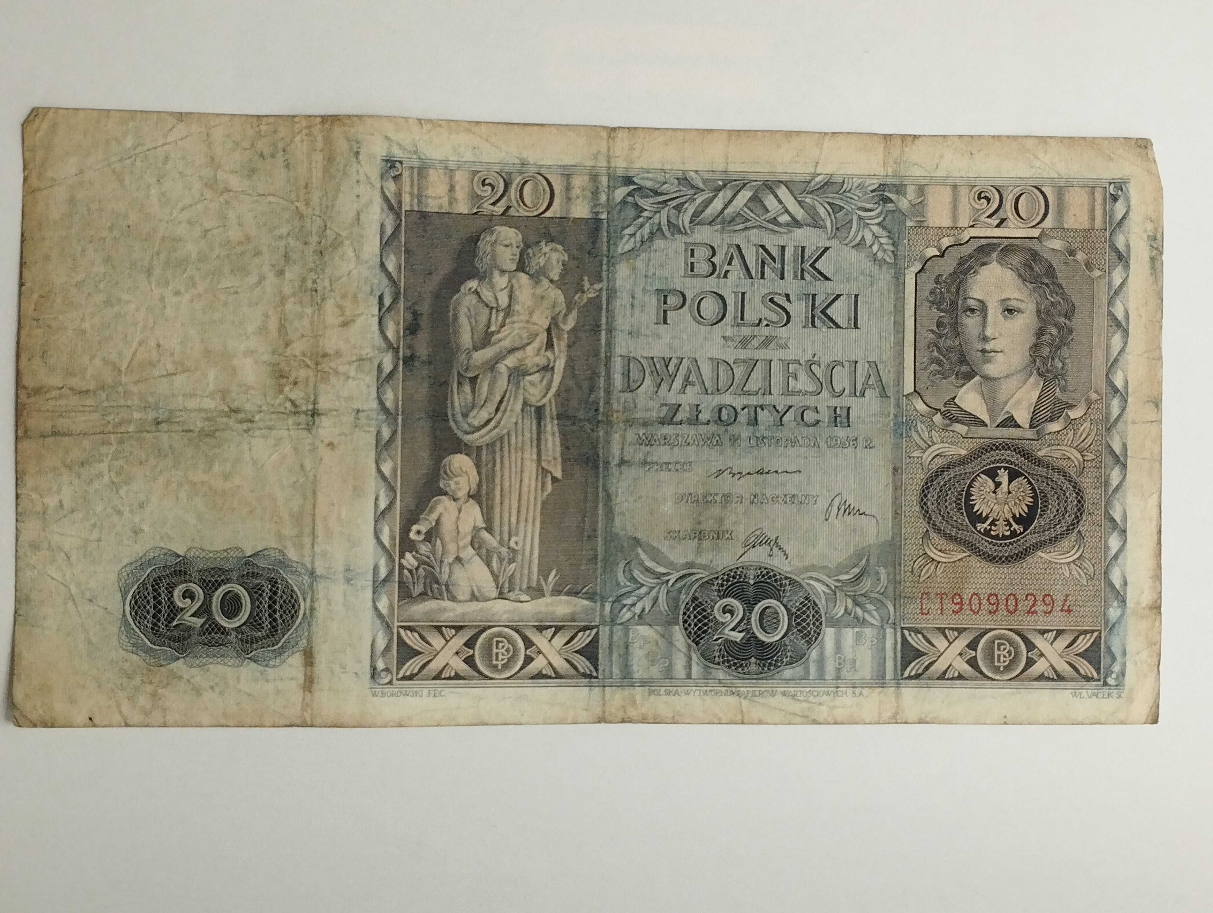 Sprzedam banknot Polska 20 złotych 1936r. II RP stan dobry